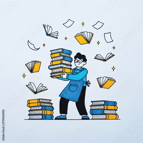 Illustration of a person holding a large stack of books with more books and papers floating around them.