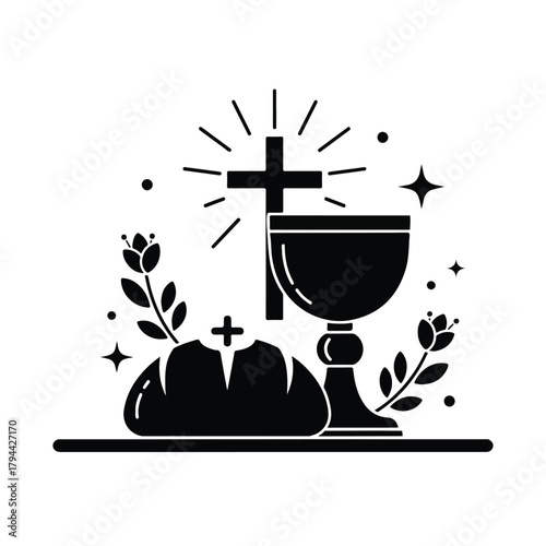 Symbolic illustration of Christian communion elements: bread, chalice, and cross, depicted in a minimalist black and white design with floral accents.