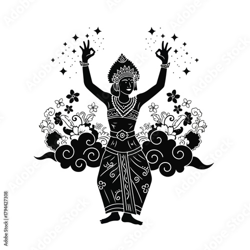 A stylized black and white illustration of a Balinese dancer in traditional attire, performing a mudra gesture, surrounded by clouds, flowers, and stars.