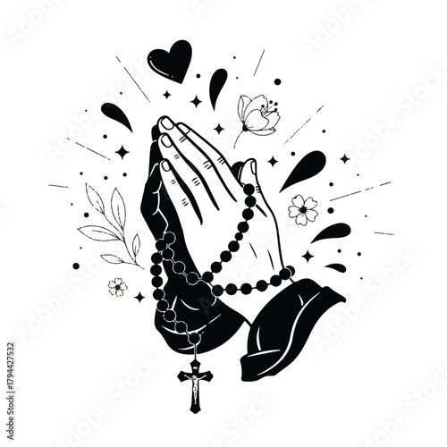 Illustration of praying hands holding rosary beads, surrounded by floral elements, a heart, and abstract shapes in a black and white design.
