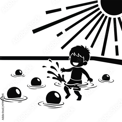 A young boy splashes happily in water with floating balls under a bright, stylized sun.