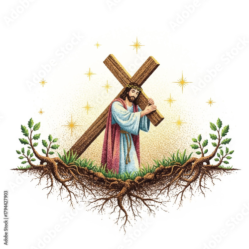Jesus Christ carrying the cross, depicted with a crown of thorns, standing on grass with exposed roots, surrounded by stars.