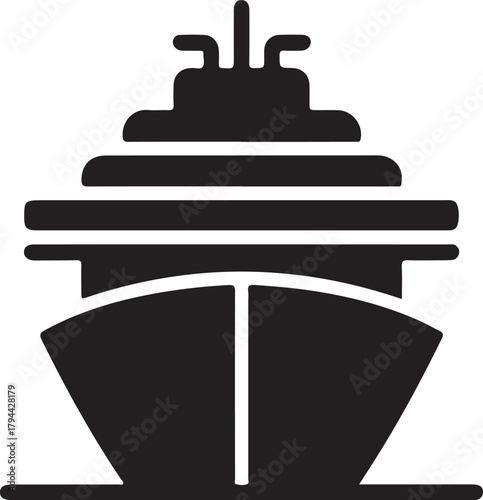 Vector icon of a large passenger vessel, such as a cruise ship, viewed directly from the bow, representing maritime travel.
