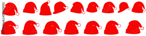 A collection of red Santa hats with white pom-poms are arranged in two rows against a black background. The hats are in various positions, adding a playful touch to the holiday theme.