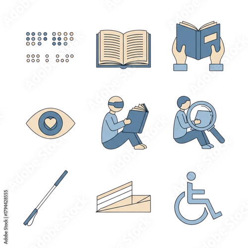 Collection of icons representing accessibility features, including braille, reading aids, and mobility assistance for visually impaired and disabled individuals