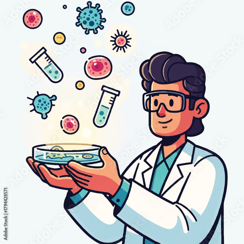 Cartoon scientist in lab coat holding petri dish with floating cells, test tubes, and viruses, representing scientific research and discovery.