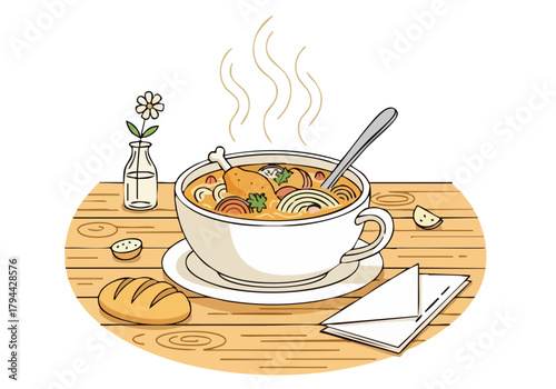 A comforting illustration of a steaming bowl of chicken soup with bread and a napkin. Warm, inviting, and perfect for cozy scenes.  ?Warm the Heart? text.