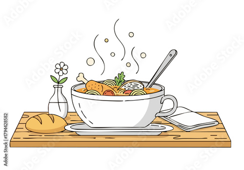 comforting bowl of soup with chicken and vegetables steaming gently  A simple inviting illustration evokes warmth and relaxation Perfect for food lifestyle or wellness themes
