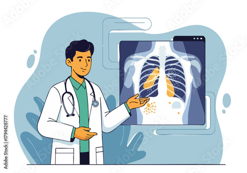 A doctor examines an X-ray image of the lungs, pointing to an area of concern. Modern medical illustration style.