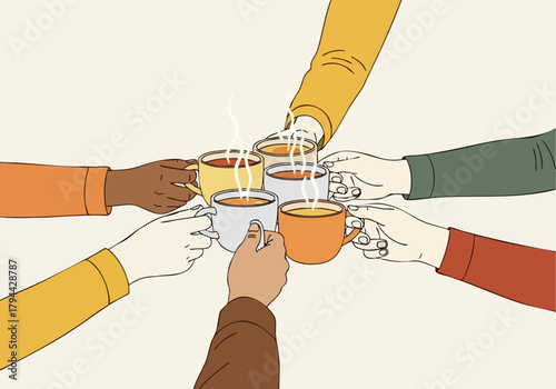 Diverse group of people share warm moment raising mugs of tea A cozy inclusive scene with soft colors and a feeling of connection Perfect for lifestyle and community themes