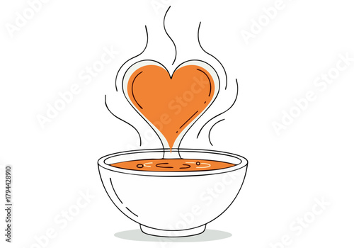 A minimalist illustration depicts a steaming bowl of soup with a heart-shaped swirl, conveying warmth and comfort. Simple line art style, modern design. ?Heart the Heat? tagline.