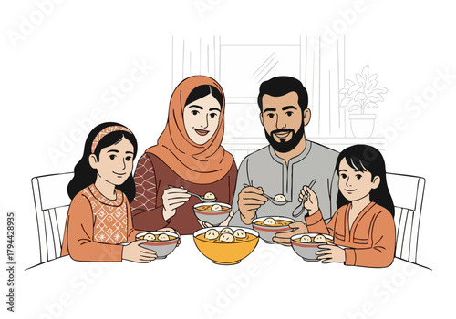A loving Muslim family enjoys a comforting bowl of chicken broth soup. Children playfully ?ball the broth? ? a heartwarming family meal scene. Warm colors and genuine smiles.