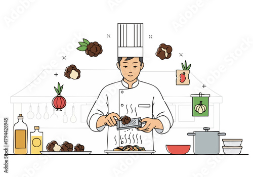 A professional Asian chef expertly prepares dumplings, showcasing vibrant ingredients and a modern culinary style. Clean lines and a bright, inviting composition.