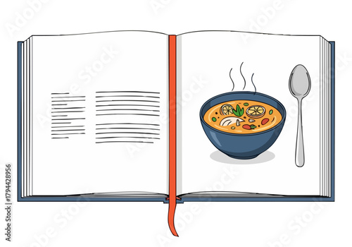 An open cookbook displays a bowl of broth with a spoon, inviting warmth and culinary delight. A clean, modern illustration style.