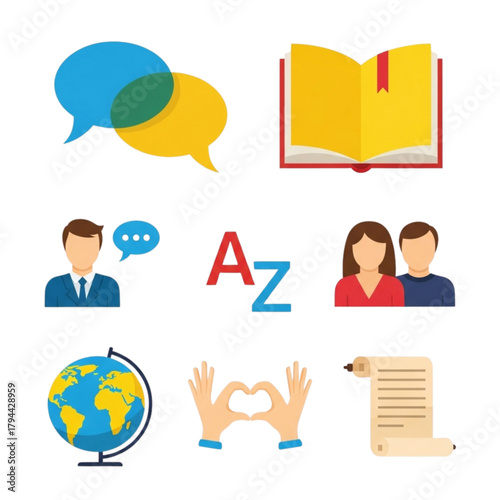 Collection of educational and communication icons representing language learning, global connections, and knowledge acquisition