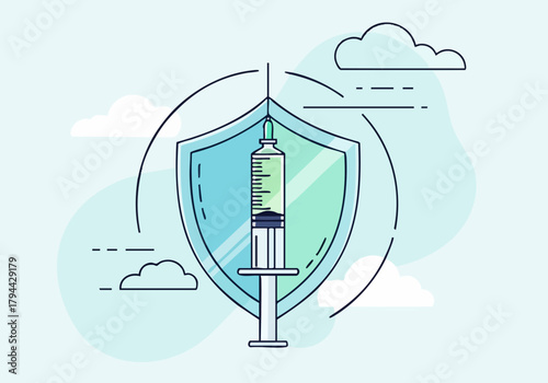 stylized syringe within a shield symbolizing protection -Shield the Breath- text overlay Modern clean illustration with a soft blue background and cloud accents