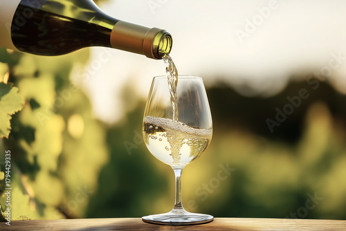 White wine being poured in vineyard setting