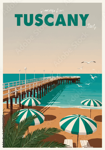 Retro vintage travel poster illustration featuring a sunny beach, wooden pier, and striped umbrellas