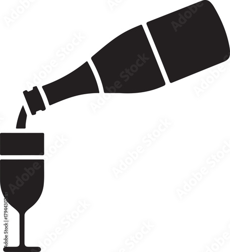 Vector illustration of a bottle pouring sparkling beverage into a tall flute glass for celebration