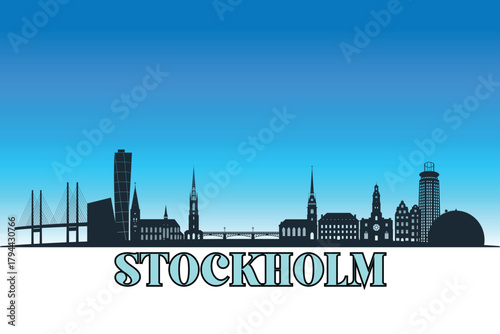 Global city Stockholm shown in a detailed vector skyline with a bright blue sky