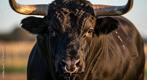 Close up portrait of a powerful black bull with large curved horns and a nose ring in a rural setting