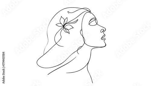 Single line drawing in modern minimalist style of sad female silhouette on white background 