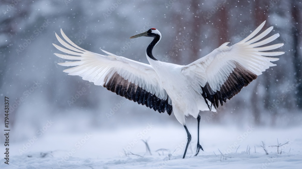 Obraz premium Red crowned crane spreading wings in falling snow during Hokkaido winter, symbolizing grace and nature's beauty