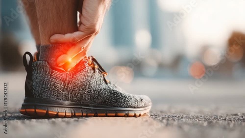 Close-up of a person holding their ankle, showing redness, likely due to injury, wearing a running shoe