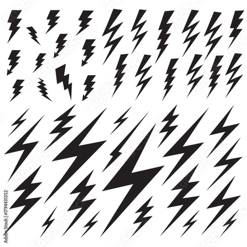 A dense collection of black lightning bolt silhouettes on a white background