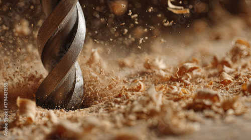 Drill bit boring into wood with flying sawdust closeup