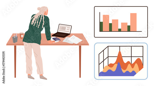 Woman working at desk with laptop, documents, bar chart, and area chart. Ideal for business, data analysis, workplace, productivity, planning market research and simple flat metaphor