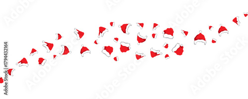 Flying Santa Hat Stream: Red Christmas Caps Swirl Trail Isolated on White Background