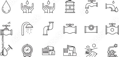 Water Icons: Drops, Taps, Pipes, Showers, and Industrial Elements