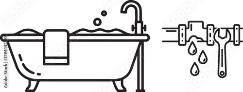 Bathtub with Towel and Leaking Pipe with Wrench Icon