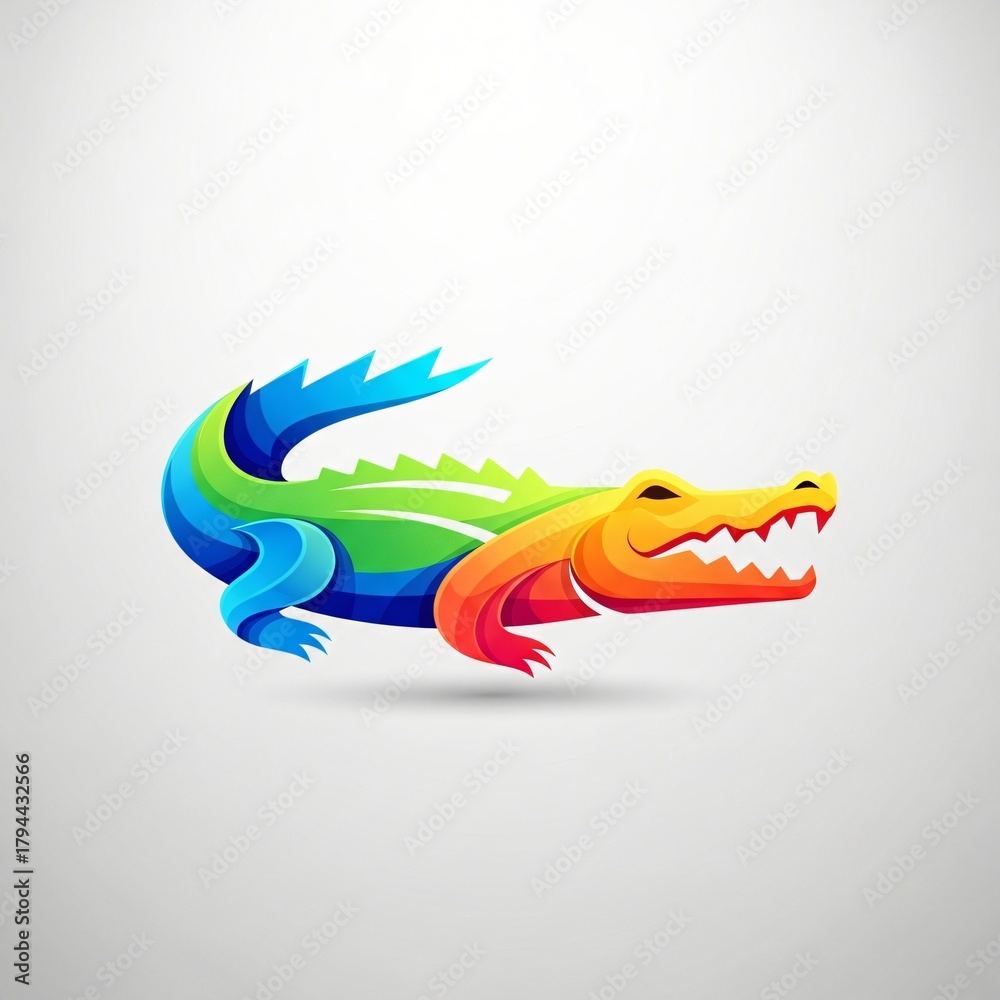 Obraz premium Colorful abstract alligator with vibrant blue green orange and yellow hues on a light gray background