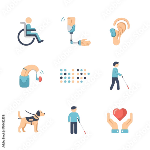 Collection of Icons Representing Disability and Assistive Technologies for Inclusion and Accessibility