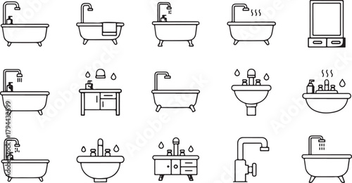 Collection of Line Art Icons Representing Bathroom Fixtures and Bathtubs