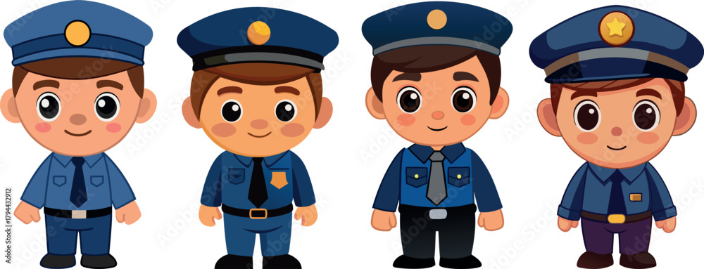 Naklejka premium police officer cartoon, law enforcement illustration, kids education design, security guard vector, justice awareness artwork, child learning character, policeman cartoon art, civic responsibility con