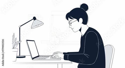 Focused woman with glasses and hair bun working on a laptop.