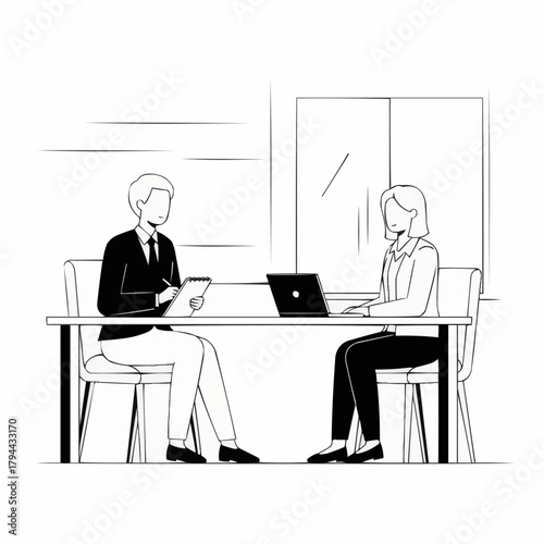 Two individuals engaged in a professional discussion at a table.