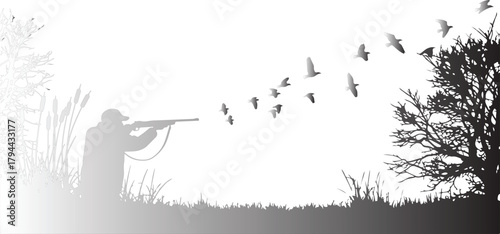 Silhouette of a hunter aiming at a flock of birds in a natural setting