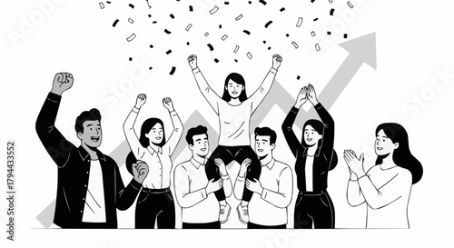 Team celebrates success with confetti and raised arms in joy.