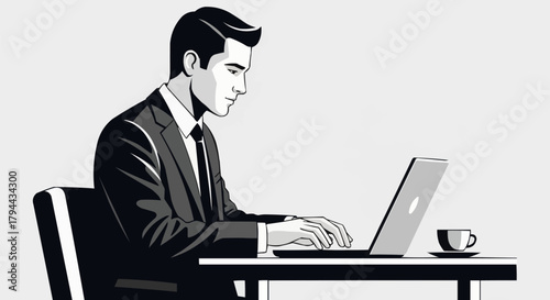 Professional Man Working Diligently on Laptop at Desk.