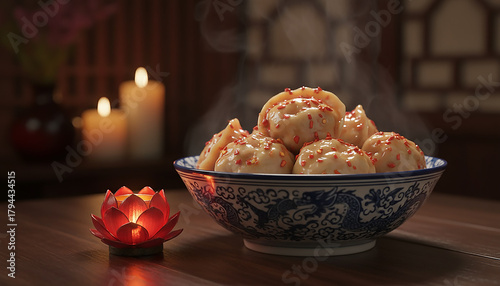 Close-up shot of a bowl filled with delicious dumplings, with candles in the background.
