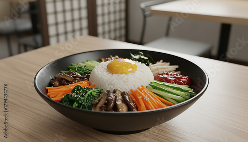 A beautifully presented bowl of bibimbap, a popular Korean mixed rice dish, with a sunny-side-up egg on top.