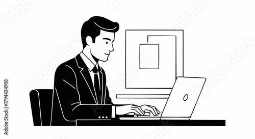 Professional man working diligently on laptop computer at desk.