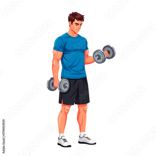 Fitness Man Lifting Dumbbells – Cartoon Illustration