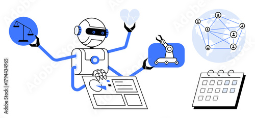 Robot multitasking with charts, automation tools, justice scales, network connections, and calendar. Ideal for AI, robotics, technology, productivity innovation decision-making multitasking