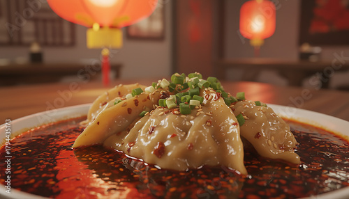 A delicious plate of Chinese dumplings served in a spicy red chili oil sauce and garnished with fresh green onions in a restaurant.