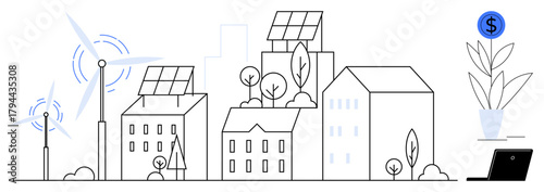 Solar panels atop buildings, wind turbines, trees, and cityscape highlight a clean energy transition. Ideal for green energy, sustainability, eco-living, technology, smart cities urban planning